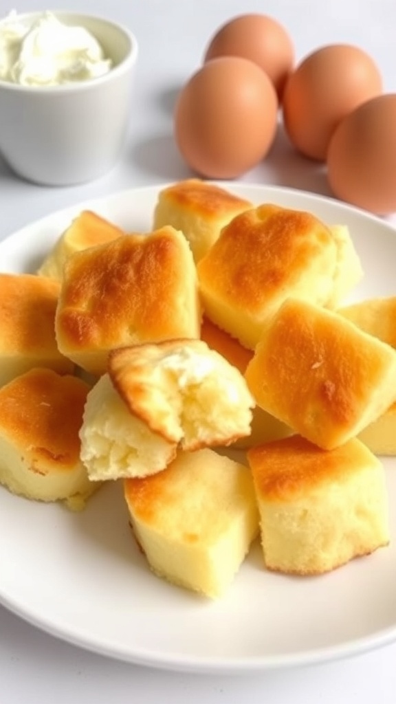 Fluffy keto cloud bread pieces on a plate, with eggs and cream cheese in the background.